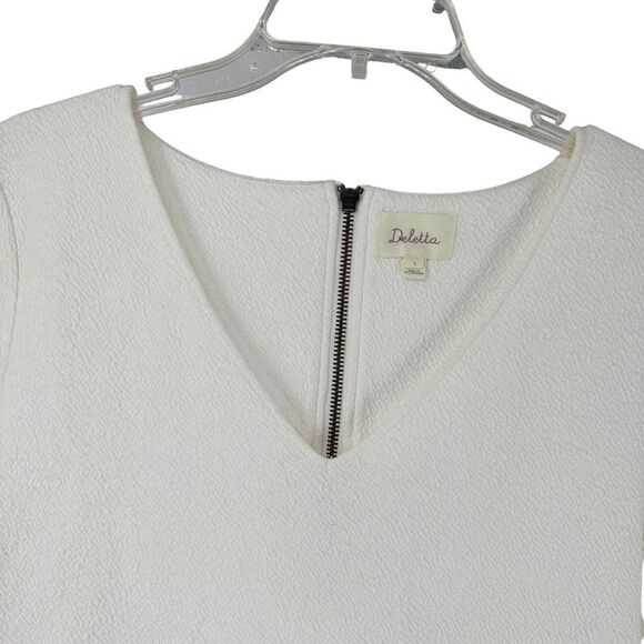 Anthropologie Mini Dress Deletta White Pink Silver Ruched Size L V Neck Stretch - Picture 3 of 8